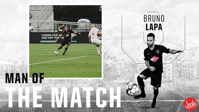 Bruno Lapa brilhou no Birmingham Legion FC e marcou dois gols e deu uma assistência